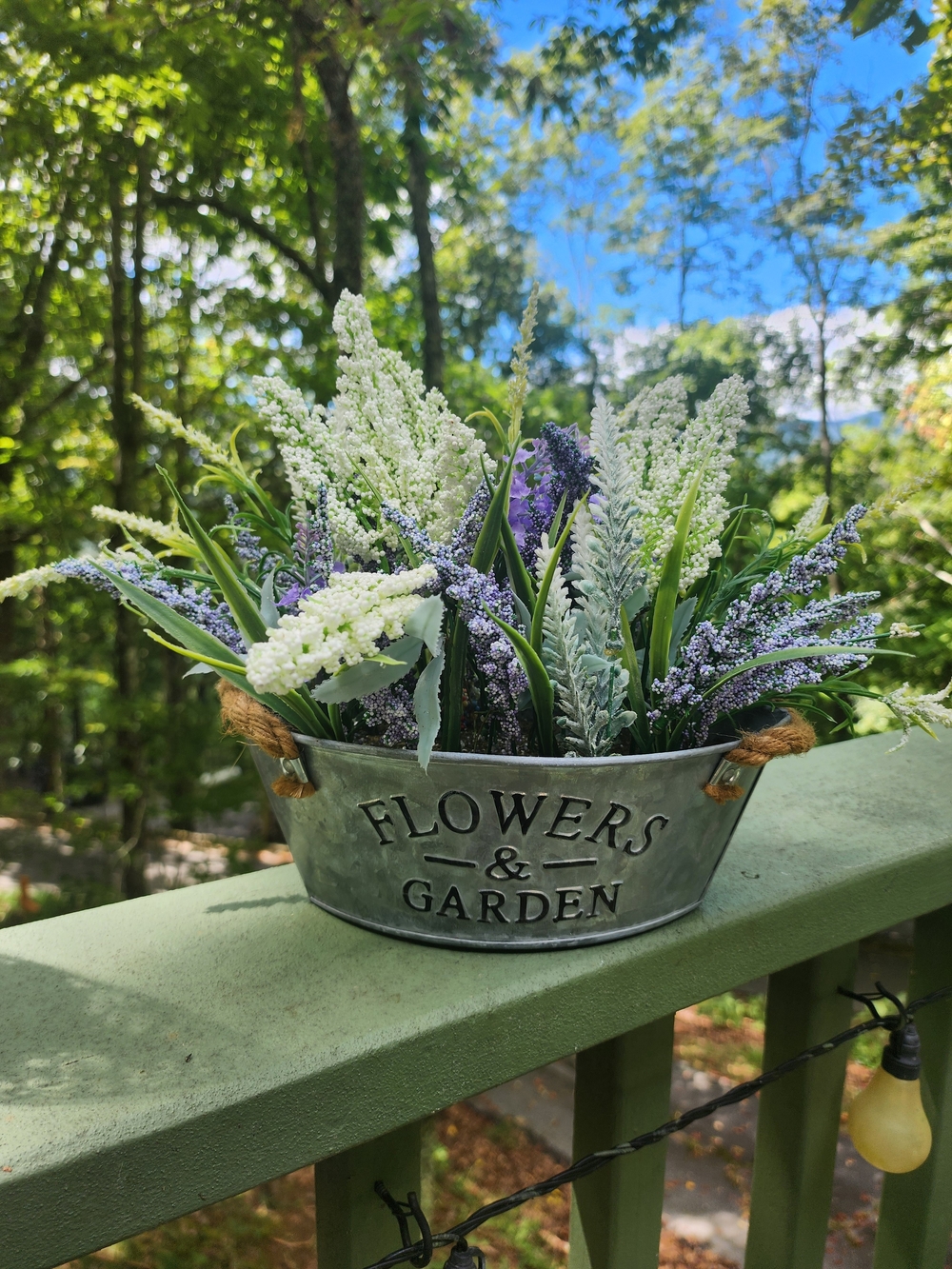 Rustic Flowers & Garden Metal Planter with White and Lavender Florals